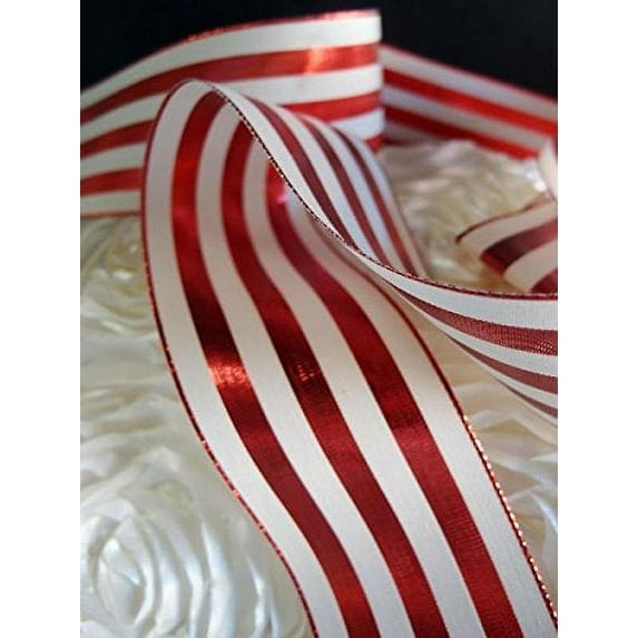 AK-Trading 2.5" x 10 Yards Metallic Striped Gift Wrap & Craft Ribbon - Red & Ivory