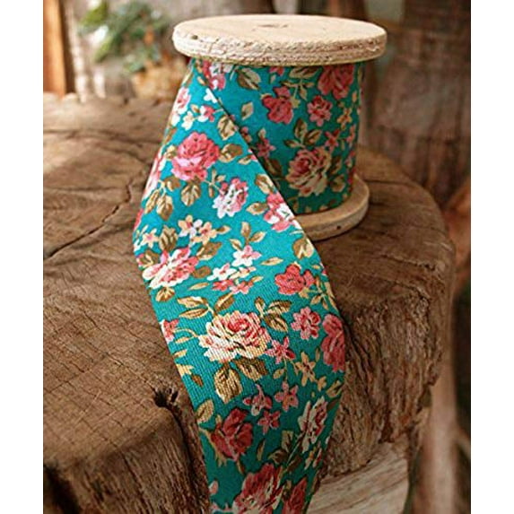 AK-Trading 2" Wide x 10 Yards Vintage Floral Print Ribbon (Turquoise)