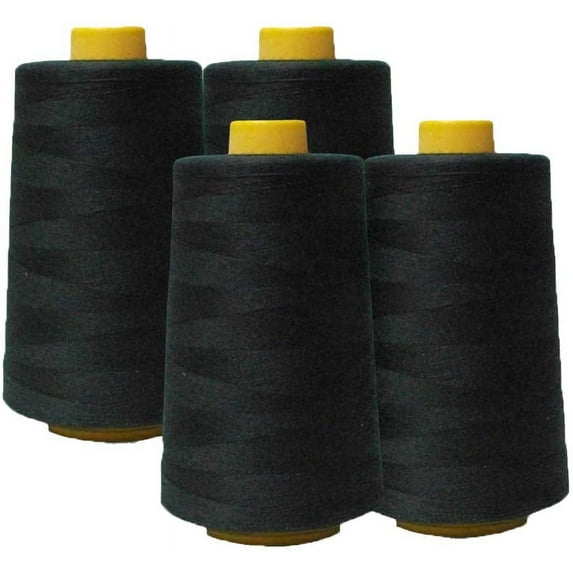 AK Trading 4-Pack Black All Purpose Sewing Thread Cones (6000 Yards Each) of High Tensile Polyester Thread Spools for Sewing, Quilting, Serger Machines, Overlock, Merrow & Hand Embroidery.