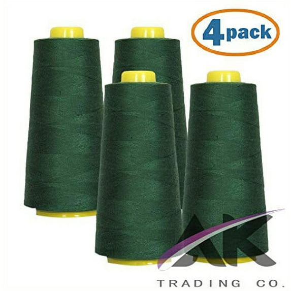 AK Trading 4-Pack Pine Green All Purpose Sewing Thread Cones 6000 Yards Each of High Tensile Polyester Thread Spools for Sewing, Quilting, Serger Machines, Overlock, Merrow & Hand Embroidery