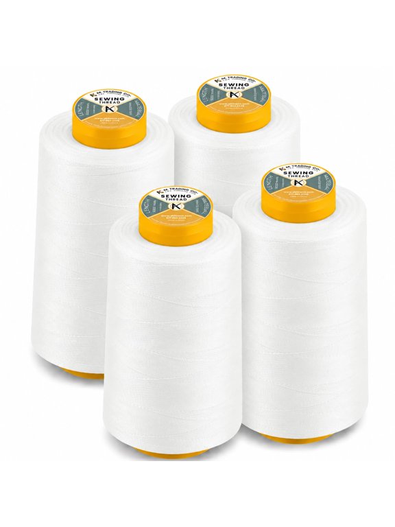 AK Trading 4-Pack White All Purpose Sewing Thread Cones (6000 Yards Each) of High Tensile Polyester Thread Spools for Sewing, Quilting, Serger Machines, Overlock, Merrow & Hand Embroidery.