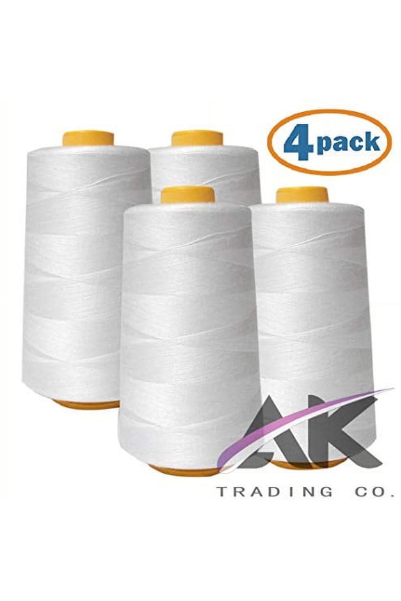 AK Trading 4-Pack White All Purpose Sewing Thread Cones (6000 Yards Each) of High Tensile Polyester Thread Spools for Sewing, Quilting, Serger Machines, Overlock, Merrow & Hand Embroidery.