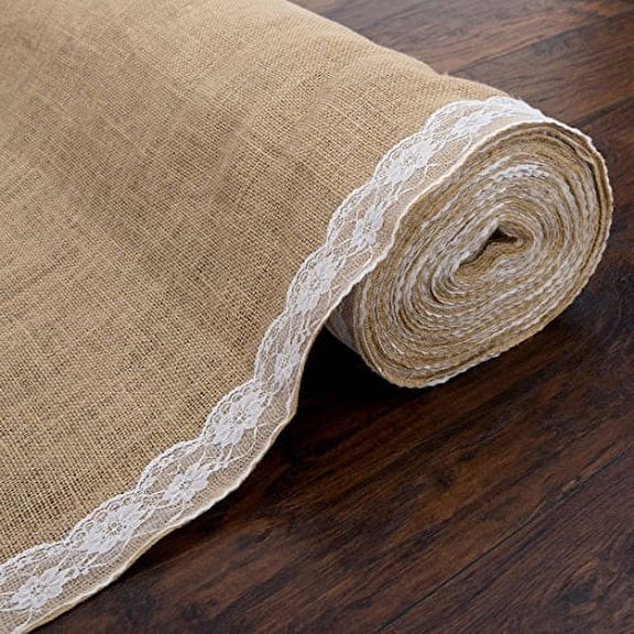 AK Trading 40" Wide Natural Burlap Wedding Aisle Runner with Ivory Lace - 40" Wide x 100 feet Long
