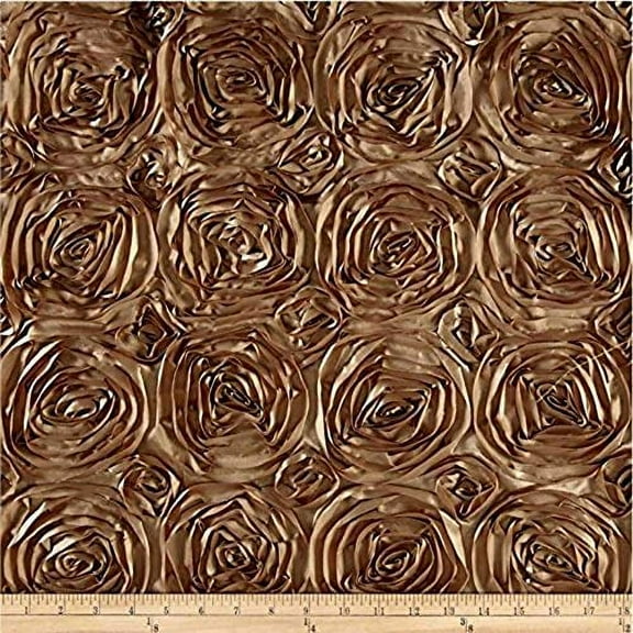 AK Trading 54-Inch Wide Premium Satin Rosette 3D Rose Design Ribbon Fabric (Khaki, 1 Yard)