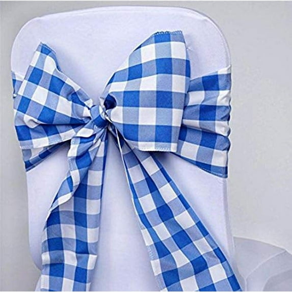 AK-Trading - 6"x108" Gingham Polyester Chair Sashes Tie Bows Catering Outdoor Party Decorations - Pack of 6 - Blue/White