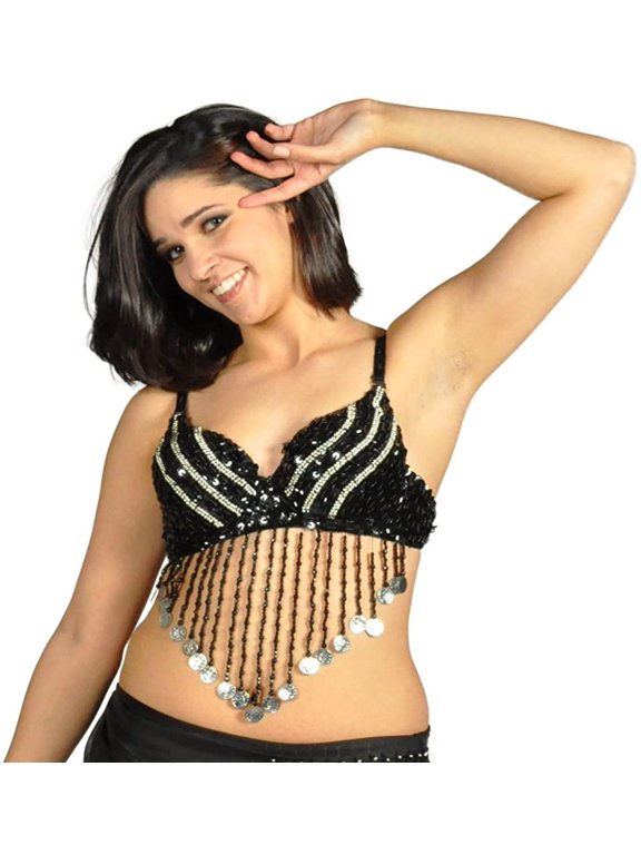 AK-Trading Belly Dancing Fashion Sexy Sequin Beaded Bra with Coin Fringe (Black)