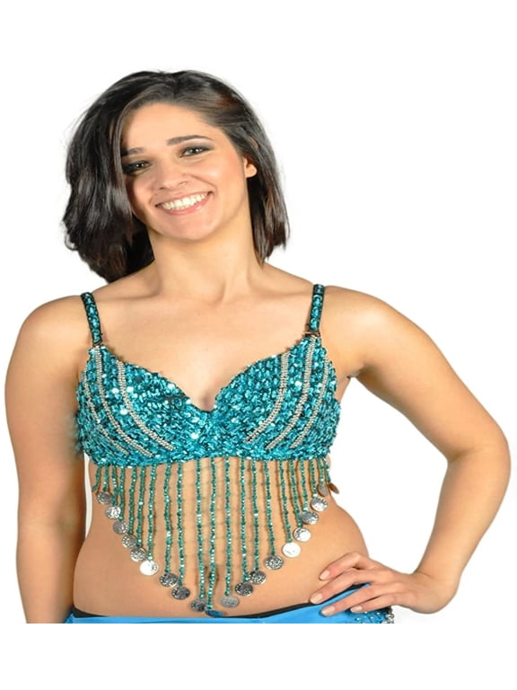 AK-Trading Belly Dancing Fashion Sexy Sequin Beaded Bra with Coin Fringe (Turquoise)