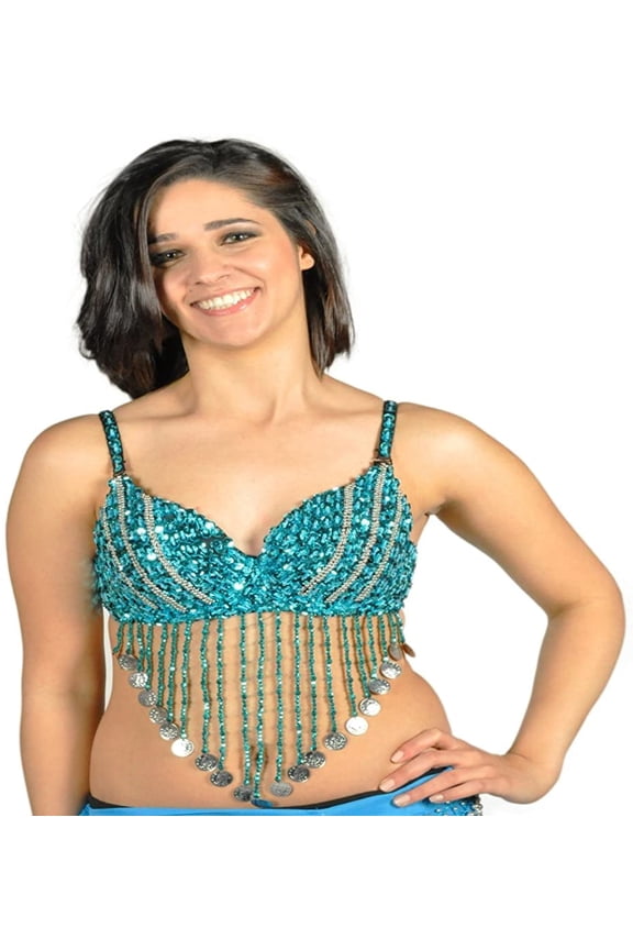 AK-Trading Belly Dancing Fashion Sexy Sequin Beaded Bra with Coin Fringe (Turquoise)