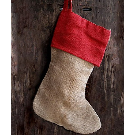 AK-Trading Burlap Jute Holidays Christmas Stockings - Pack of 9 - Natural Jute Stocking with Red Cuff, 8" x 17"H x 12" Foot