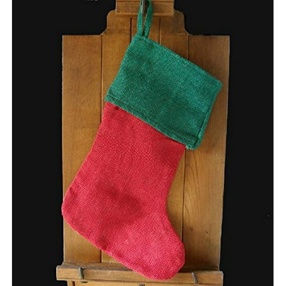 AK-Trading Burlap Jute Red & Green Holidays Christmas Stockings - Pack of 9 - Red Burlap Stocking with Green Cuff (8" x 17"H x 12" Foot)