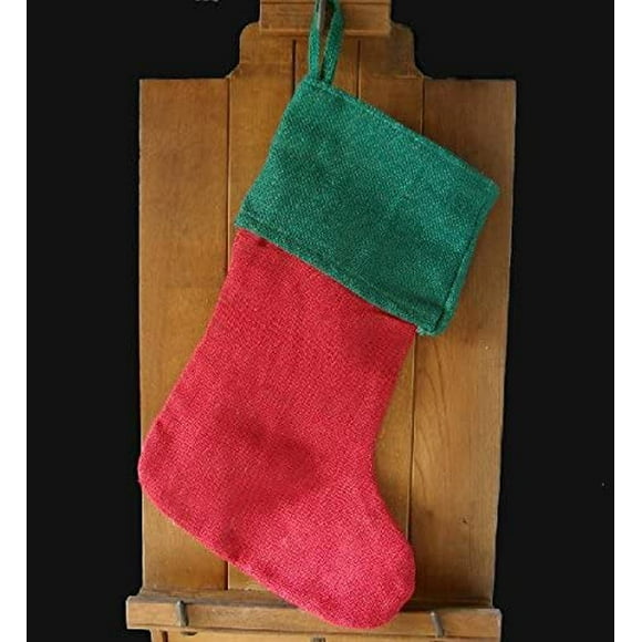 AK-Trading Burlap Jute Red & Green Holidays Christmas Stockings - Red Burlap Stocking with Green Cuff (8" x 17"H x 12" Foot)