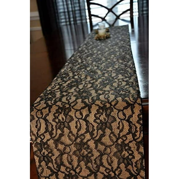 AK-Trading Burlap and Lace Runner, 14 x 84 inch Burlap Runner with 14" Black Lace
