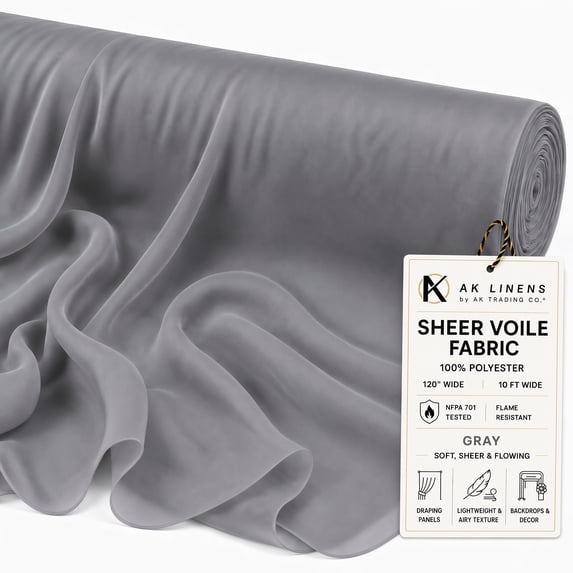 AK Trading CO. 120" Wide (10ft Wide) X 120 Yards Roll - Sheer Voile Chiffon Fabric - Perfect for Draping Panels and Masking for Weddings, Parties & Events, Tent Draping - Gray