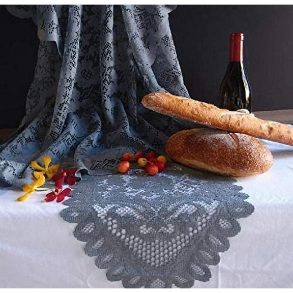 AK-Trading Floral Lace Crochet Tablecloth Overlay Table Cover (13" x 120" Runner, Pewter Grey)