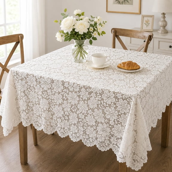 AK-Trading Floral Lace Crochet Tablecloth Overlay Table Cover (54-Inch Square, Ivory)