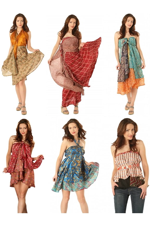 AK-Trading Indian Reversible Vintage Silk Sari Magic Wrap Skirts - Lot of 9 Pcs. (Assorted Sizes)
