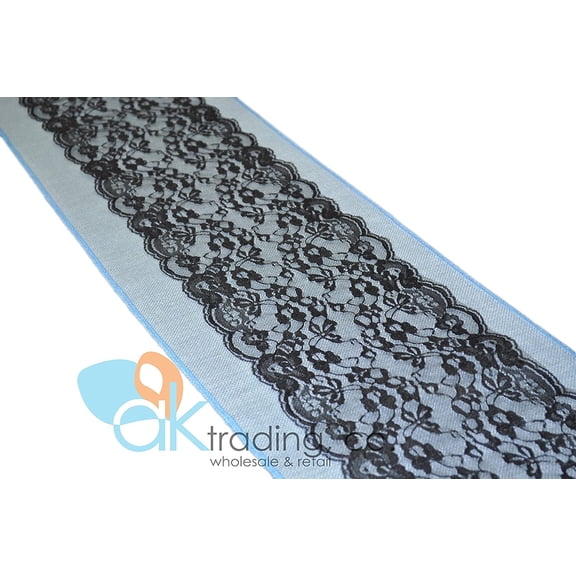 AK-Trading Light Blue Burlap & Lace Table Runner - 9" Lace (Black Lace, 12x84 Inches)