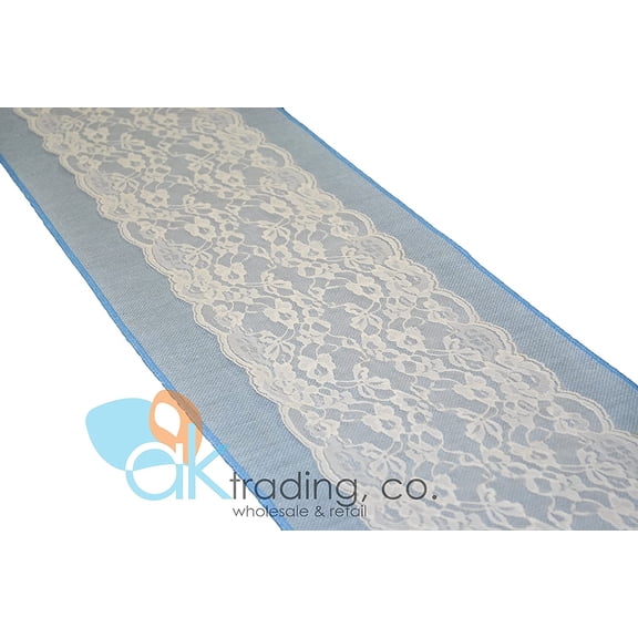 AK-Trading Light Blue Burlap & Lace Table Runner - 9" Lace (White Lace, 12x96 Inches)