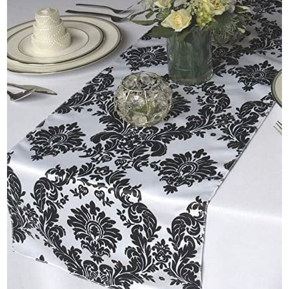 AK-Trading - Pack of 3 - Table Runner Flocked Taffeta Damask Top Black White 12" W x 108" L Wedding Home
