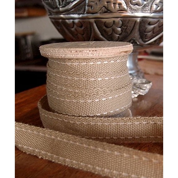 AK-Trading Polyester Blend Burlap Webbing Ribbon with Stitching 5/8" Inch X 25 Yards (Ivory)