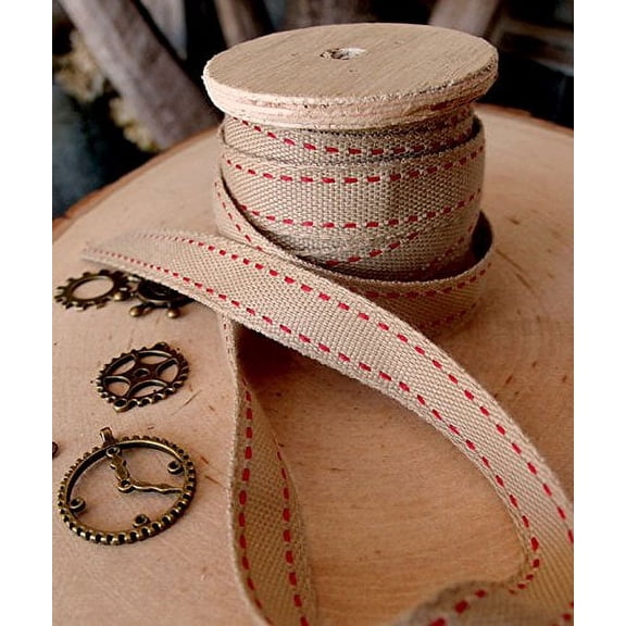 AK-Trading Polyester Blend Burlap Webbing Ribbon with Stitching 5/8" Inch X 25 Yards (Red)