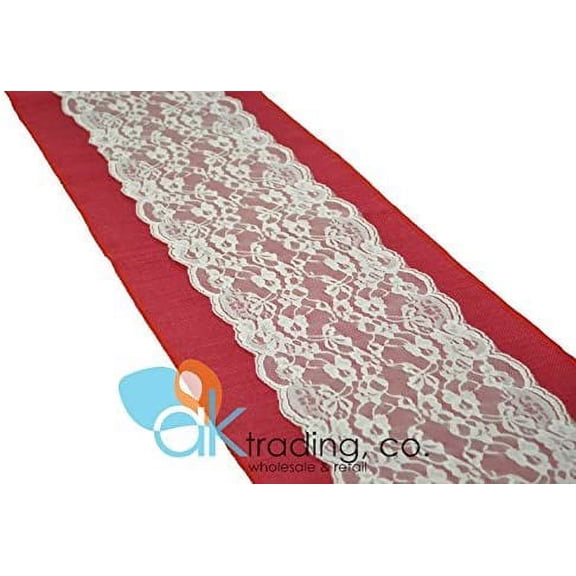 AK-Trading Red Burlap & Lace Table Runner - 9" Lace (Ivory Lace, 12X108)