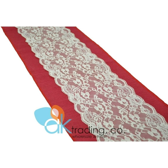 AK-Trading Red Burlap & Lace Table Runner - 9" Lace (Ivory Lace, 12x72)