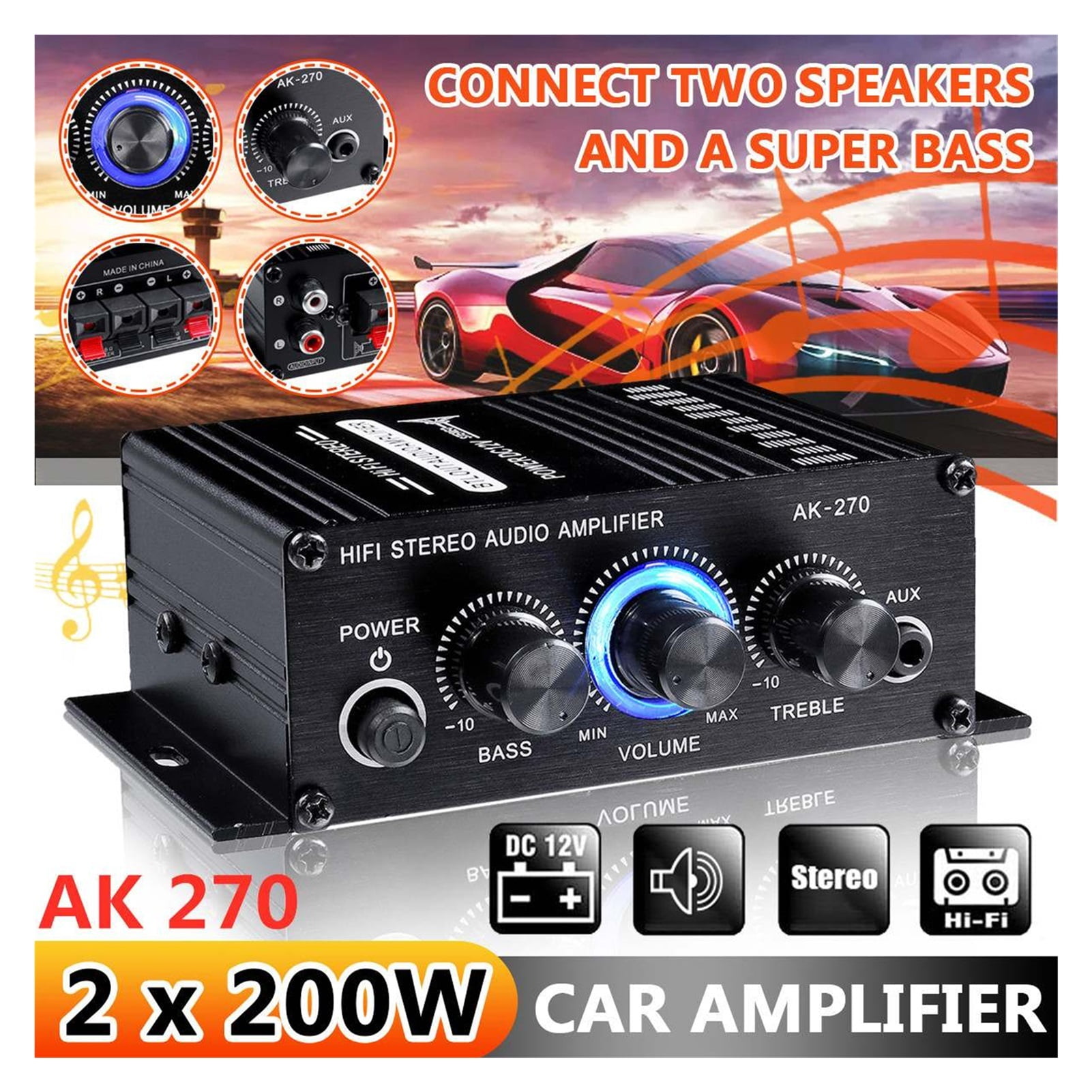 AK380//370/270/170 800W 12V Hifi Power Amplifier Stereo Home Car BASS Amp Car Speaker Class D Car Home Sound Power Amp ,Small Footprint