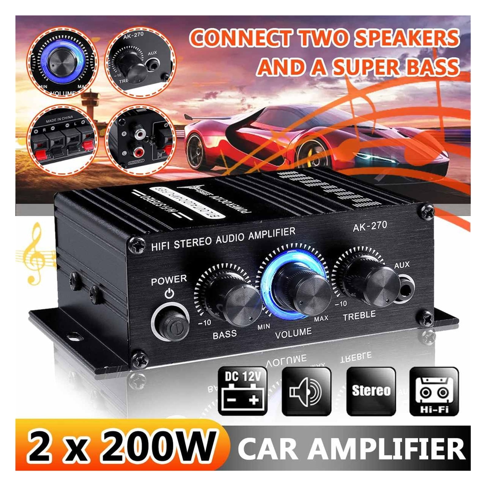 AK380//370/270/170 800W 12V Hifi Power Amplifier Stereo Home Car BASS Amp Car Speaker Class D Car Home Sound Power Amp ,Small Footprint