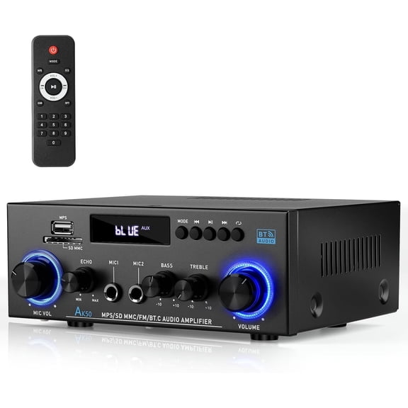 AK50 Stereo Audio Amplifier, 2 400W 5.0 Audio Stereo Receiver with FM, Echo, AUX, USB, SD, MIC Inputs, Power Amplifier for Passive Speakers and subwoofer