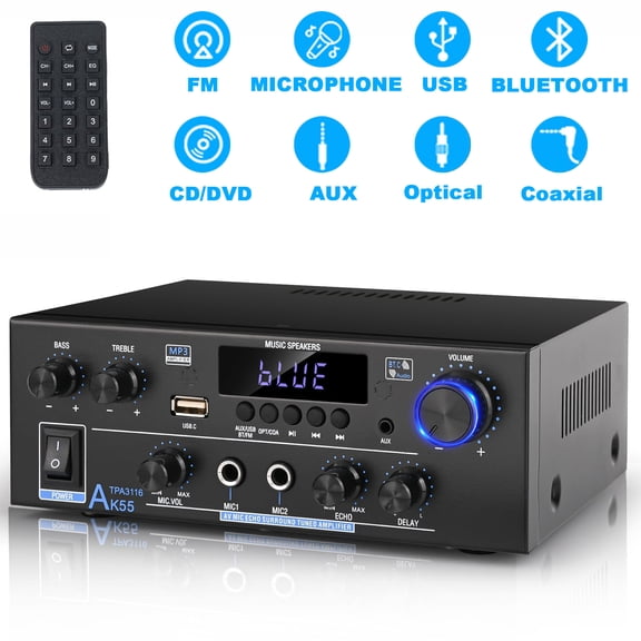 AK55 Stereo Audio Amplifier,500W Home 2 Channel Wireless Bluetooth 5.0 Power Amplifier System with FM, Echo, AUX, USB, SD, MIC, Optical & Coaxial Inputs, AMP for Passive Speakers and Active subwoofer