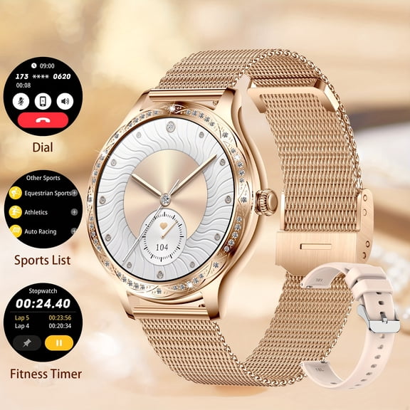 AK60 Women's Smartwatch, 1.27" HD AMOLED Touchscreen, BT 5.1 Call/Message, Fitness/Sleep Monitor, 2 Bands, Compatible with Android & iPhone