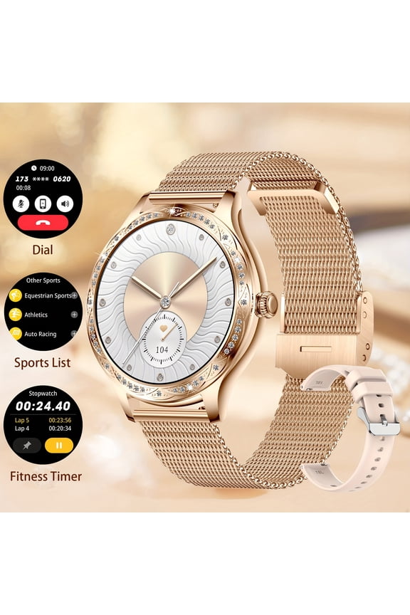 AK60 Women's Smartwatch, 1.27" HD AMOLED Touchscreen, BT 5.1 Call/Message, Fitness/Sleep Monitor, 2 Bands, Compatible with Android & iPhone