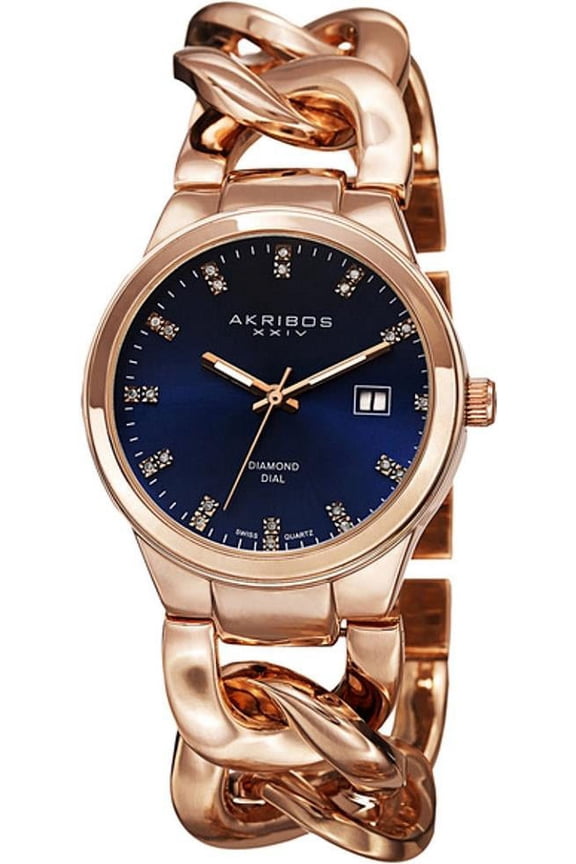 AK759RGBU Swiss Quartz Date Blue Diamond Dial Rosetone Womens Watch