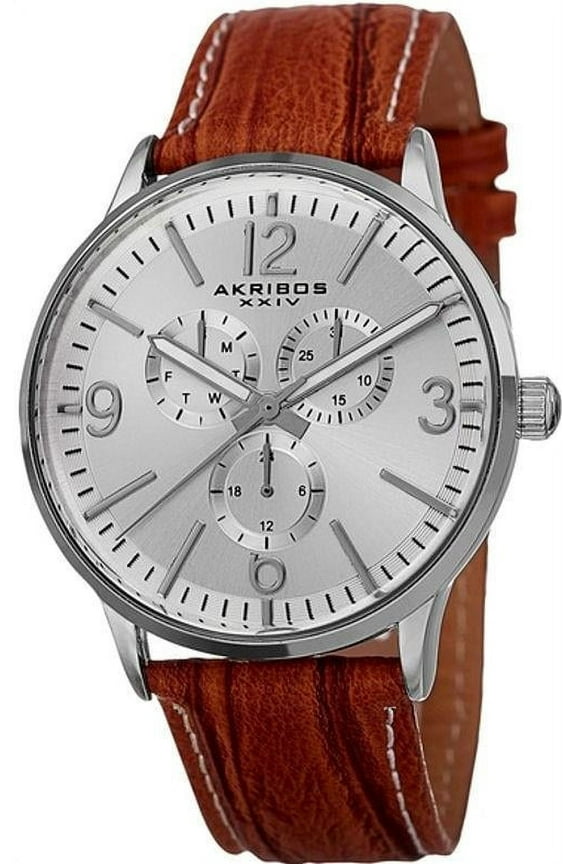 AK769BR Day Date GMT Silvertone Case Brown Leather Strap Mens Watch