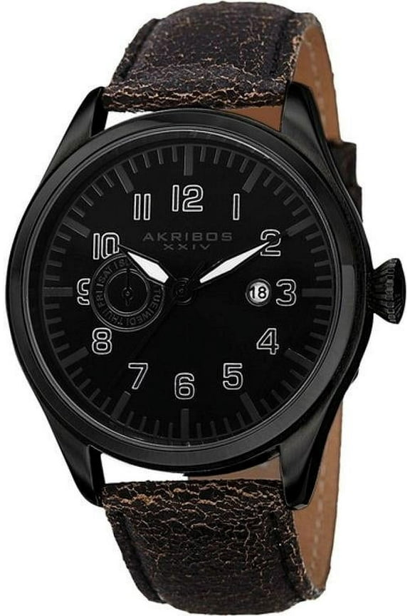 AK785BK Swiss Quartz Day Date Leather Strap Black Mens Watch