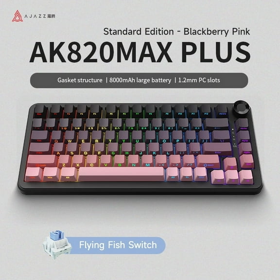 AK820 plus Gradient Pink Wireless Mechanical Keyboard, BT, 2.4G, Wired Connection,, Full Key Hot Swap, Side Engraved Keycaps, 0.87 TFT Color Screen, Full Color RGB Backlighting