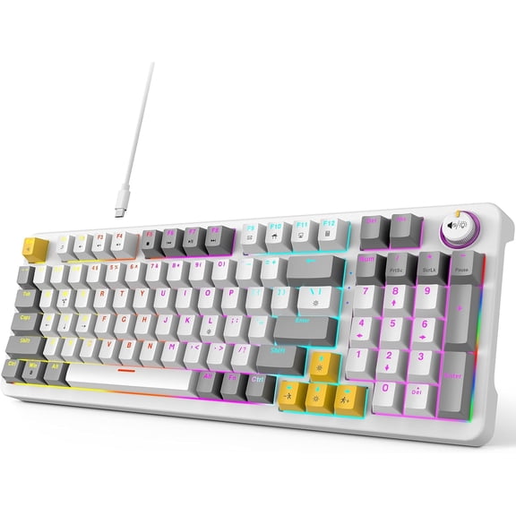 AK96 Mechanical Gaming Keyboard, Pre-Lubed Red Switches, 96 Full Size with LED Colorful Backlit, Clicky Creamy Sound, USB Wired Computer Keyboard with Volume Knob for PC, , Windows