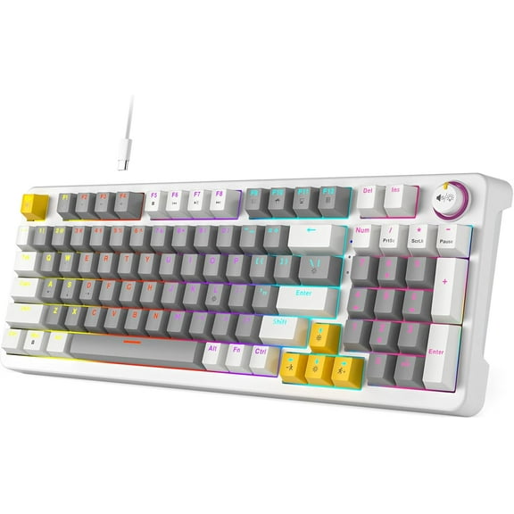 AK96 Smart Mechanical Keyboard Gaming, 96 Keys Full Size with LED Colorful Backlit, Clicky Creamy Sounding, USB Wired Computer Keyboard with Volume Knob for PC, Mac, Windows(Grey)