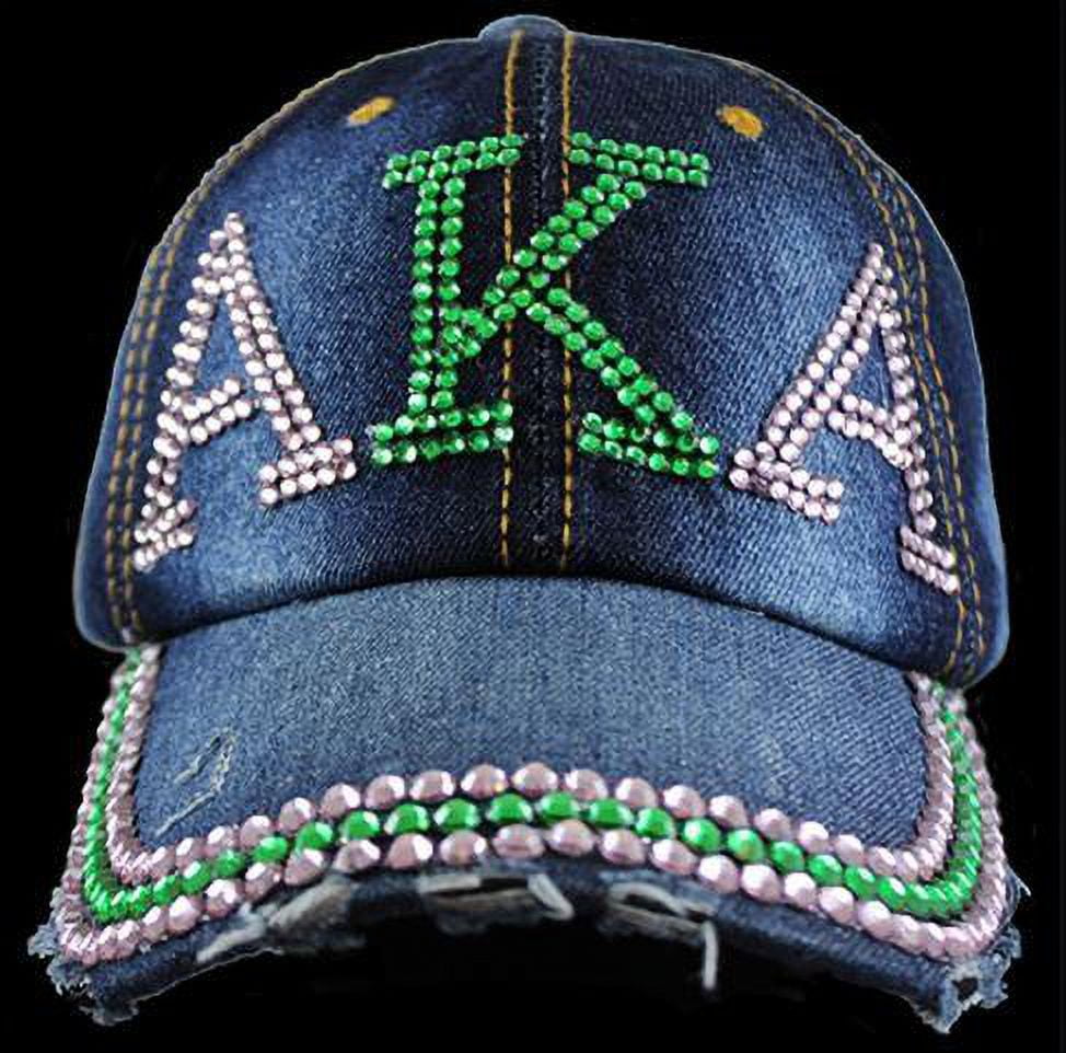 NWT: AKA Denim Rhinestone Cap - Green & Pink Alpha Kappa Alpha Denim Rhinestone Hat – Greek Divine and More main image 2