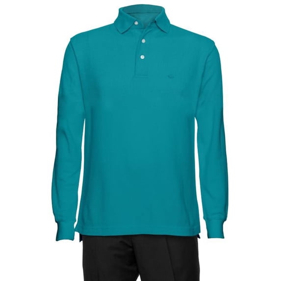 AKA Men's Solid Polo Shirt Classic Fit - Pique Chambray Collar Comfortable Quality Aqua-Long Sleeve Large