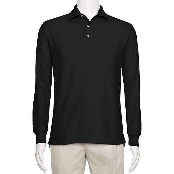 AKA Men's Solid Polo Shirt Classic Fit - Pique Chambray Collar Comfortable Quality Black-Long Sleeve 2X