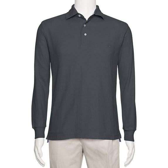 AKA Men's Solid Polo Shirt Classic Fit - Pique Chambray Collar Comfortable Quality Charcoal-Long Sleeve 5X