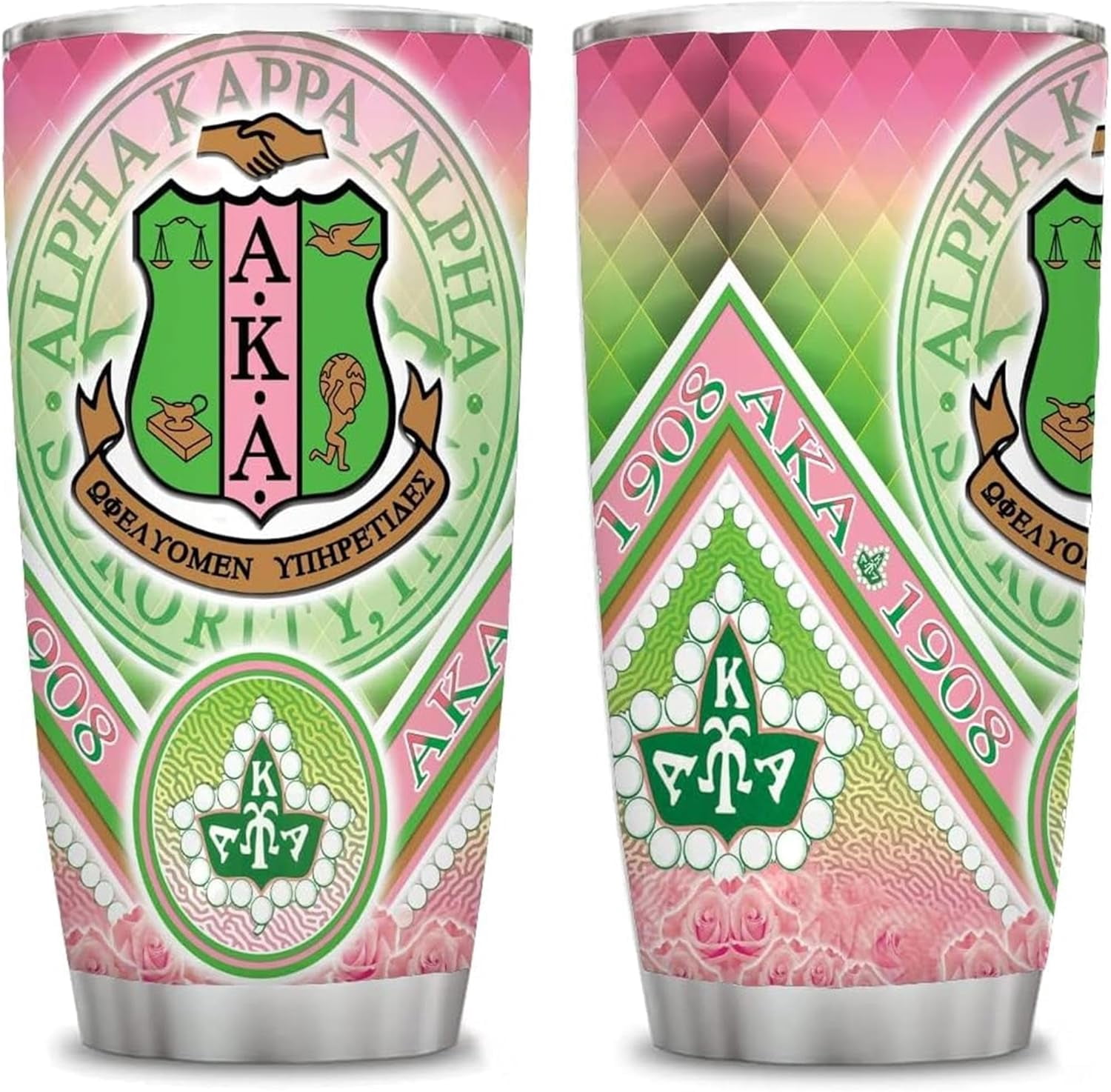 AKA Sorority Gift Tumbler | 20 Oz Stainless Steel Insulated Cup | Pink & Green Design | For Sisters, Alumni