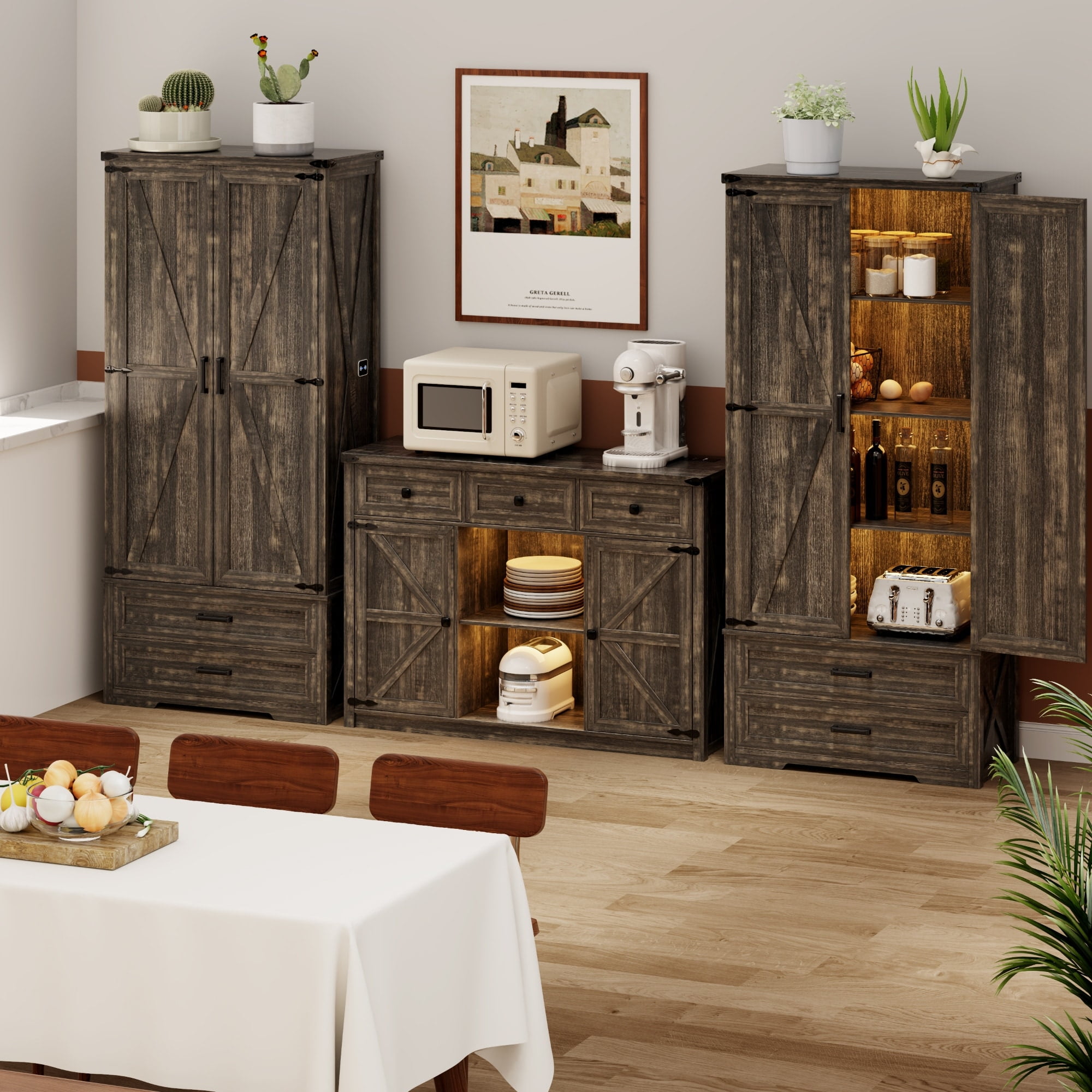 Rustic Dark Brown Tall Storage Cabinet with Adjustable Shelves and LED Light
