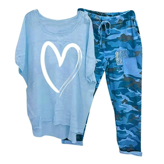 AKAFMK 2 Piece Linen Set for Women Casual Cotton Linen Sets Oversized T Shirts Camouflage Capris Pants 2024 Loungewear Sets