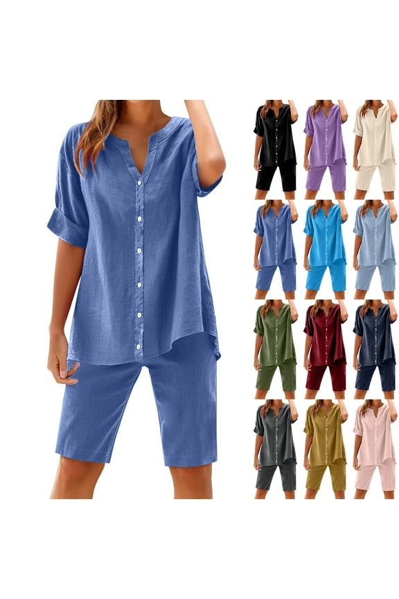 2 Piece Linen Set for Women Summer Casual Long Sleeve V Neck Shirt Linen Pant Suits Loose Beach Vacation Outfits