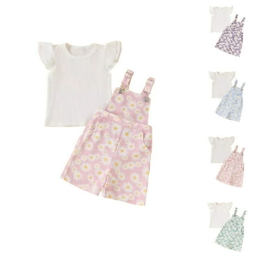 AKAFMK Baby Girls' Short Sets,Baby Girl Clothes Toddler Girl Summer Outfits,Chrysanthemum Print Set Flying Sleeve T-shirt Set Baby Girl Backpack Pants Set