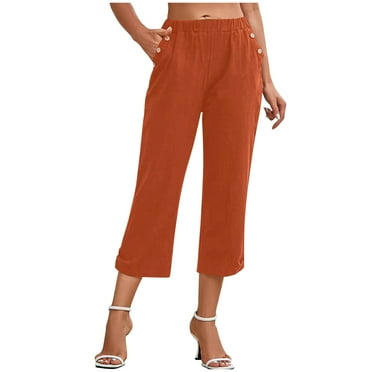 AKAFMK Capris Pants for Women Casual 2024 Summer Elastic High Waist Linen Pant Straight Wide Leg Cropped Trouser