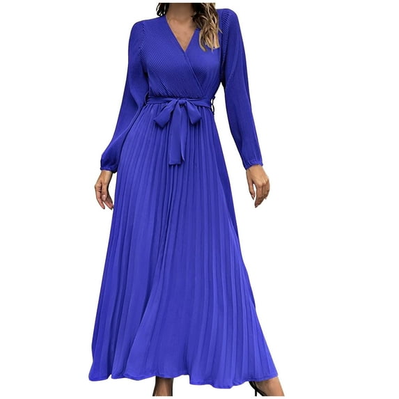 AKAFMK Dresses for Women 2024 Casual Slim Pleated Belted Long-Sleeve V-Neck A-Line Solid Color Dress Party Maxi Dresses Blue